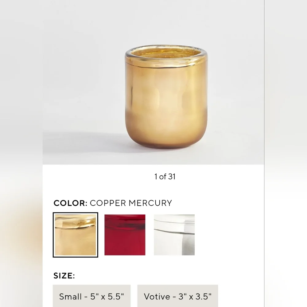 2 New Pottery Barn gold votive candle holders Linen textured & Brie copp…